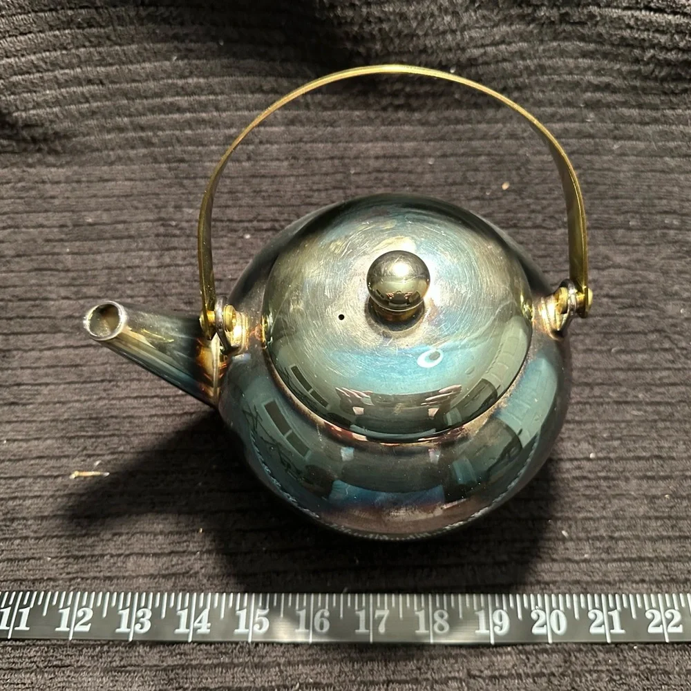 Source Unknown Iridescent Blue-Gray Stainless Steel Teapot with Gold Handle